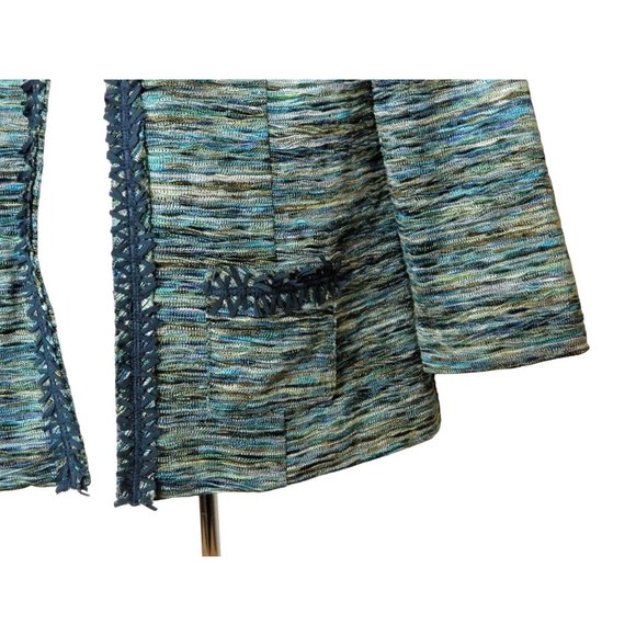 Chico's 0 Jacket S 4/6 Multi Color Blue Weave Pattern 3/4 Sleeve Polyester - Picture 4 of 9